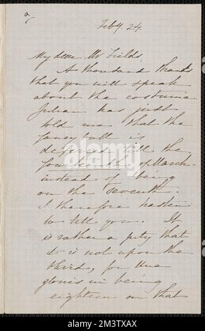 Sophia Hawthorne note autographe signée à James Thomas Fields, [Concord], 24 février [1862] , épouses des auteurs, femmes auteurs, American, auteurs, Américain, 19th siècle, correspondance Banque D'Images