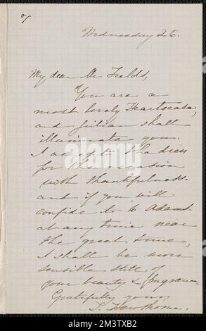 Sophia Hawthorne note autographe signée à James Thomas Fields, [Concord], 26 [février 1862] , épouses des auteurs, femmes auteurs, American, auteurs, Américain, 19th siècle, correspondance Banque D'Images