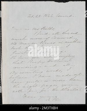 Sophia Hawthorne note autographe signée à James Thomas Fields, [Concord], 25 février 1866 , épouses d'auteurs, femmes auteurs, American, auteurs, American, 19th Century, Correspondence, Hawthorne, Julian, 1846-1934 Banque D'Images