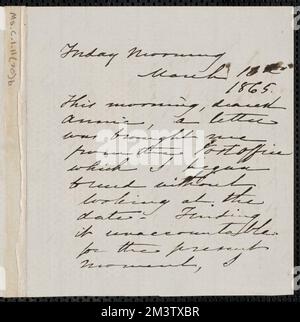 Sophia Hawthorne note autographe signée à Annie Adams Fields, [Concord], 10 mars 1865 , épouses d'auteurs, femmes auteurs, American, auteurs, Américain, 19th siècle, correspondance Banque D'Images