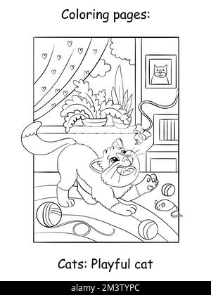 Joli chat rêvant jouant avec une balle de fil. Page de livre de coloriage pour les enfants. Illustration de dessin animé vectoriel isolée sur fond blanc. Pour colori Illustration de Vecteur