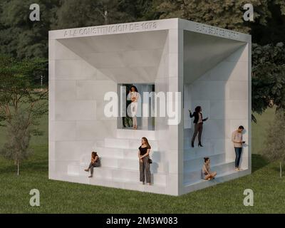 3D illustration du monument de la constitution dans la ville de Madrid, capitale de l'Espagne. Cube en marbre blanc qui communique sur les quatre faces Banque D'Images