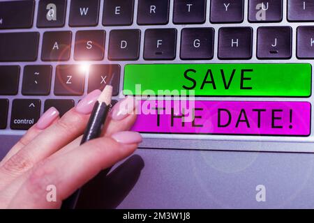 Ecriture du texte affiché Enregistrer la date. Idée d'entreprise se souvenir de l'horaire Marquer l'invitation au calendrier Banque D'Images