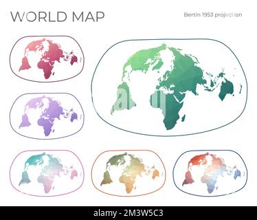 Jeu de cartes à faible Poly World. Projection de Jacques Bertin en 1953. Collection de cartes du monde en style géométrique. Illustration vectorielle. Illustration de Vecteur
