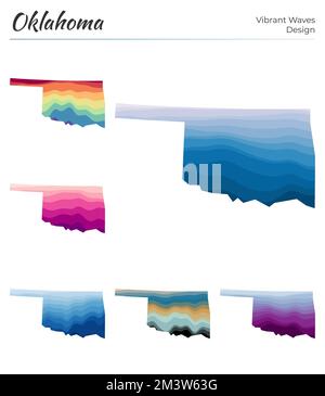 Ensemble de cartes vectorielles de l'Oklahoma. Motif vagues vibrantes. Carte lumineuse de notre état dans le style de courbes géométriques lisses. Carte multicolore de l'Oklahoma pour votre Desi Illustration de Vecteur