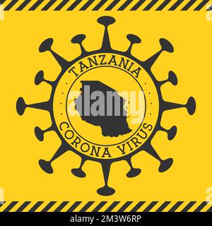 Virus Corona en Tanzanie signe. Badge rond avec forme de virus et carte de Tanzanie. Timbre de verrouillage de l'épidémie du pays jaune. Illustration vectorielle. Illustration de Vecteur