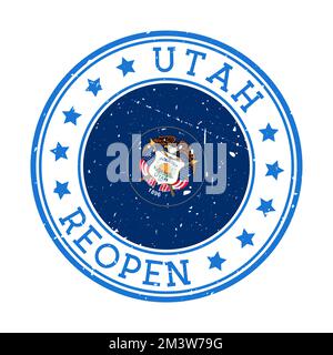 Timbre de réouverture de l'Utah. Badge rond de l'État américain avec drapeau de l'Utah. Panneau de réouverture après verrouillage. Illustration vectorielle. Illustration de Vecteur