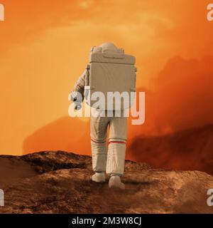 Astronaute marchant sur la surface de Mars, illustration Banque D'Images