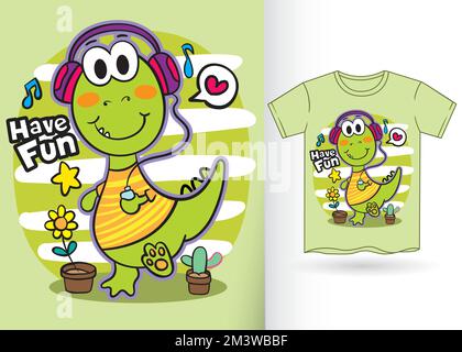 Joli petit dinosaure dessin animé pour enfant t-shirt avec modèle Illustration de Vecteur