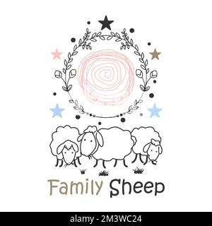 Les moutons de famille ont l'air heureux lorsqu'ils sont rassemblés dans la ligne de l'image graphique icône logo design abstrait concept vecteur stock. utilisé comme symbole associé à l'animal Illustration de Vecteur