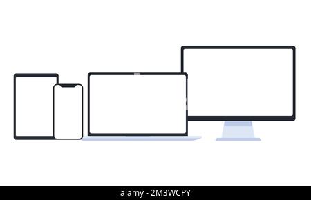 Smartphone, tablette, ordinateur portable et moniteur modernes avec écran vierge. Ensemble de gadgets électroniques à vecteur plat isolés sur fond blanc Illustration de Vecteur