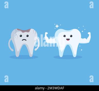 Dent forte et saine et triste douloureuse dent noire endommagée avec trou. Illustration du vecteur du concept de personnage de toon de la dent. Illustration de Vecteur