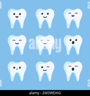 Jolie collection de dents de dessin animé. Illustration plate bande dessinée dent avec différentes émotions. Illustration du vecteur de concept de personnage de dessin animé de dent. Illustration de Vecteur