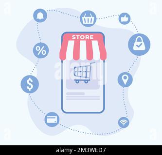 Boutique en ligne avec concept mobile. Commerce en ligne d'affaires et commerce électronique d'affaires. Illustration vectorielle Illustration de Vecteur