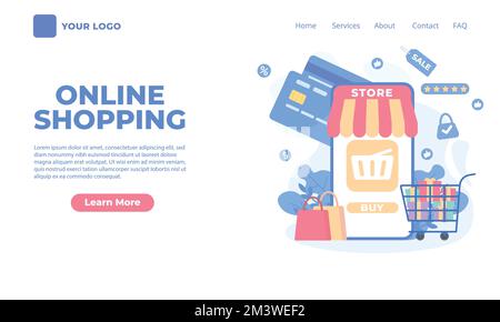 Modèle de page d'arrivée de l'achat en ligne. Illustrations de concept d'achat en ligne sur l'application mobile. Illustration de Vecteur