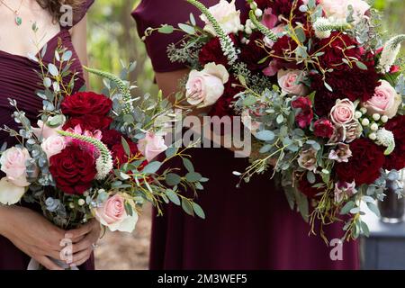 Mariée aux demoiselles d'honneur en robe magenta bordeaux avec fleurs de mariage - roses rouges et blanches profondes avec feuilles d'eucalyptus épépinées Banque D'Images