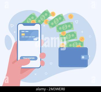 Paiement en ligne et facturation numérique. Application bancaire mobile et paiement par carte de crédit. Téléphone portable avec argent et portefeuille. Illustration de Vecteur