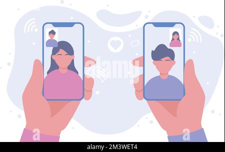 Concept d'appel vidéo. Mains de sexe masculin et féminin tenant le smartphone pour une conversation en ligne. Concept Converse via vidéo, réunion à distance et appel téléphonique. Illustration de Vecteur