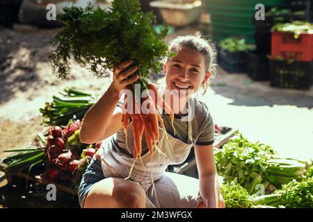 Regardez à quel point ils sont frais et croustillants. Portrait d'une jeune agricultrice attrayante tenant un bouquet de carottes fraîchement cueillies dans sa ferme. Banque D'Images