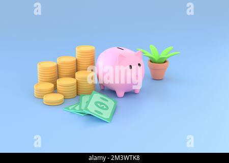 3D. Banque de pigeons, pièces et billets de banque pour économiser des symboles. Banque D'Images