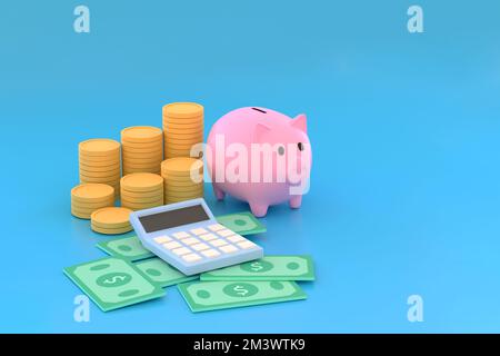 3D. Banque de pigeons, pièces, billets et calculatrice pour économiser des symboles. Banque D'Images