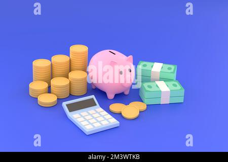 3D. Banque de pigeons, pièces, billets et calculatrice pour économiser des symboles. Banque D'Images