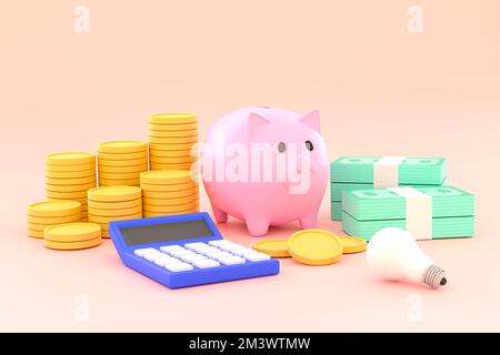 3D. Banque de pigeons, piles de pièces, billets et calculatrices. des idées d'épargne et d'investissement Banque D'Images