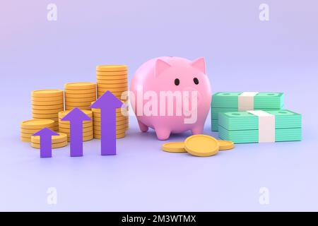 3D. Banque de pigeons, piles de pièces, billets. investissement d'entreprise de concept. Banque D'Images