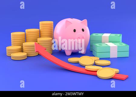 3D. Banque de pigeons, piles de pièces, billets. investissement d'entreprise de concept. Banque D'Images