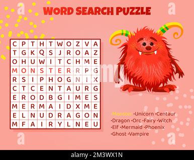 Puzzle de recherche de mots pour les enfants avec des animaux mythiques. Illustration de Vecteur