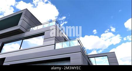 Ciel bleu ciel nuageux magique comme un fond pour un domaine abstrait en aluminium et en verre en forme d'escalier. 3d rendu. Banque D'Images