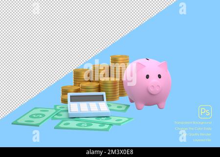 3D. Banque de pigeons, piles de pièces, billets et calculatrices. des idées d'épargne et d'investissement Banque D'Images
