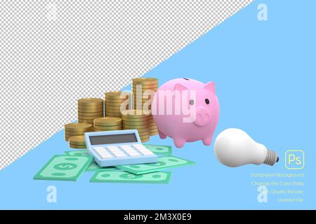 3D. Banque de pigeons, piles de pièces, billets et calculatrices. des idées d'épargne et d'investissement Banque D'Images