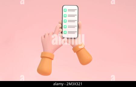 3D. Liste de contrôle sur l'écran du smartphone. Concept d'enquête en ligne. Tient le téléphone portable et la liste de contrôle. Banque D'Images