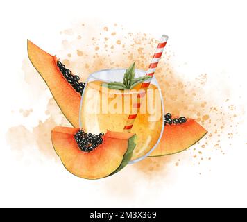 Verre au jus de papaye avec des tranches de fruits exotiques tropicaux et des touches d'orange aquarelle abstraites. Illustration dessinée à la main de la plante de la jungle et d'un cocktail frais sur fond isolé. Boisson juteuse. Banque D'Images