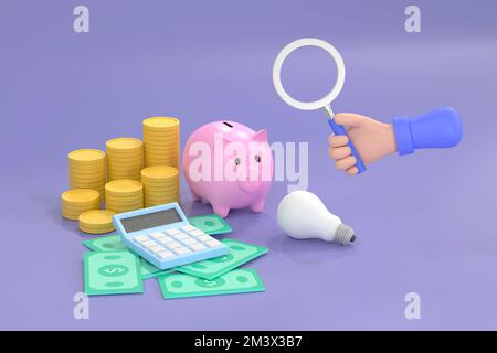 3D. main tenant la loupe et la banque de porc, les pièces de monnaie, les billets de banque et la calculatrice. économie d'entreprise. Banque D'Images
