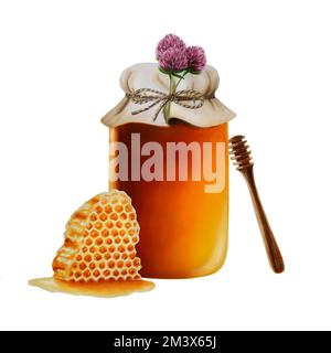 Bocal en verre aquarelle de miel ambré avec nid d'abeille, trèfle et bâton de bois. Illustration des vitamines de renforcement de l'immunité dessinées à la main sur le fond. Banque D'Images