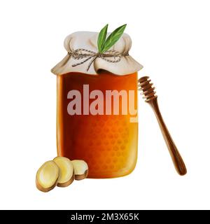 Pot en verre aquarelle de miel ambré avec nid d'abeille, tranches de gingembre et bâton de bois. Illustration des vitamines de renforcement de l'immunité dessinées à la main Banque D'Images