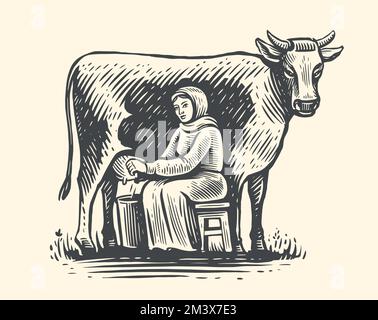 Milkmaid laiteuse vache dans le champ. Croquis du concept de ferme laitière. Production d'aliments et de boissons biologiques à base de lait naturel Illustration de Vecteur