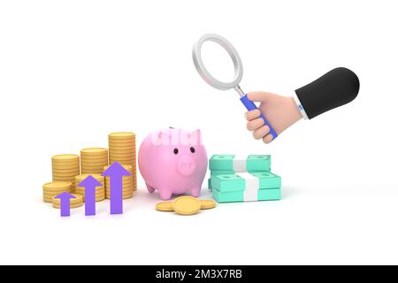 3D. main tenant la loupe et la banque de porc, piles de pièces, billets. investissement d'entreprise de concept. arrière-plan blanc Banque D'Images