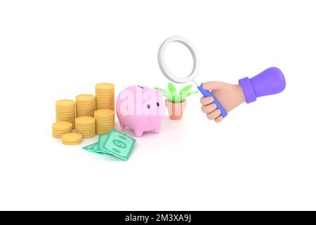 3D. tenir à la main la loupe et la banque de porc, les pièces de monnaie et les billets de banque pour l'économie de symbole d'entreprise. Banque D'Images