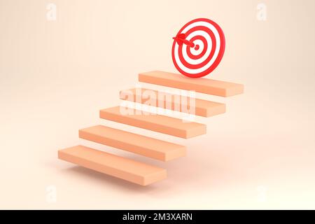 3D. faites un pas avec la flèche rouge au centre de l'escalier supérieur. stratégie d'entreprise étape vers la réussite. concept de réalisation des objectifs et des objectifs Banque D'Images