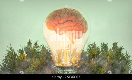 Un cerveau à l'intérieur d'une ampoule, sur une forêt minuscule. Banque D'Images
