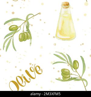 Motif olive aquarelle sans couture. Illustration avec olives vertes et bouteille d'huile. Conception pour l'emballage des cosmétiques. Banque D'Images