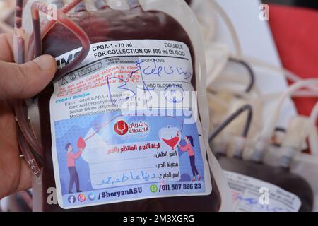 Le Caire, l'Egypte, le 15 décembre 2022: Des poches de sang de donneurs avec différents groupes de sang prêts à être livrés à la banque de sang pendant une campagne de don de sang Banque D'Images