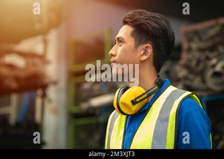Fier travailleur asiatique d'ingénieur homme se tenant heureux sourire pour avoir plaisir à travailler en usine Banque D'Images