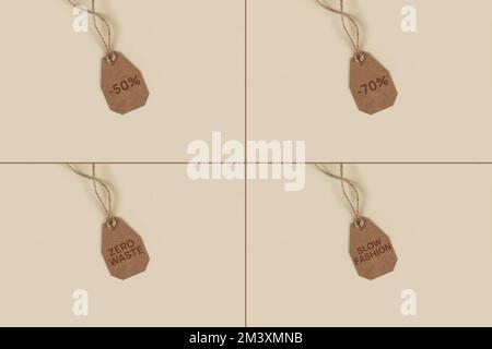 Groupe de balises papier kraft marron avec texte. Prix abordable. Vente remise concept, mode lent, zéro gaspillage. Espace de copie, plan de travail Banque D'Images