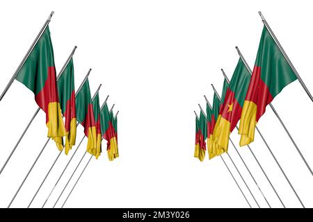 De beaux drapeaux camerounais sont accroché dans des poteaux d'angle de gauche et de droite isolés sur blanc - n'importe quelle illustration drapeau de fête 3D Banque D'Images