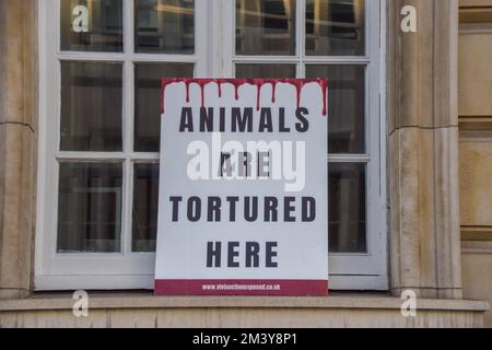 Londres, Royaume-Uni. 17th décembre 2022. Un écriteau indiquant « les animaux sont torturés ici » est visible pendant la démonstration. Des militants des droits des animaux se sont rassemblés devant l'Imperial College de Londres pour protester contre des expériences animales à l'université. (Photo de Vuk Valcic/SOPA Images/Sipa USA) crédit: SIPA USA/Alay Live News Banque D'Images