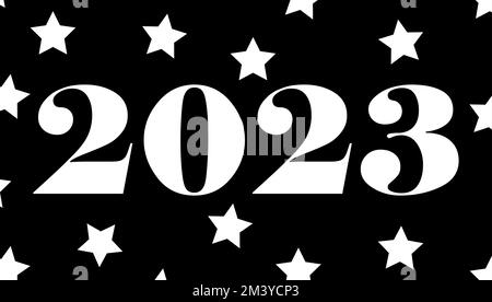 Carte bonne année 2023, étoiles blanches, couleurs noir et blanc, bannière et signe 2023, adapté pour le web design, carte de vœux nouvelle année, l'année 2023 Banque D'Images